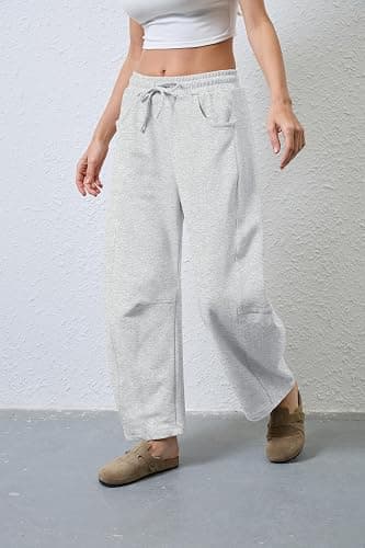 SeekMe Women's Barrel Leg Sweatpant Drawstring Elastic Waisted Wide Leg Pants Casual Cotton Palazzo Trousers with Pockets thumbnail 3