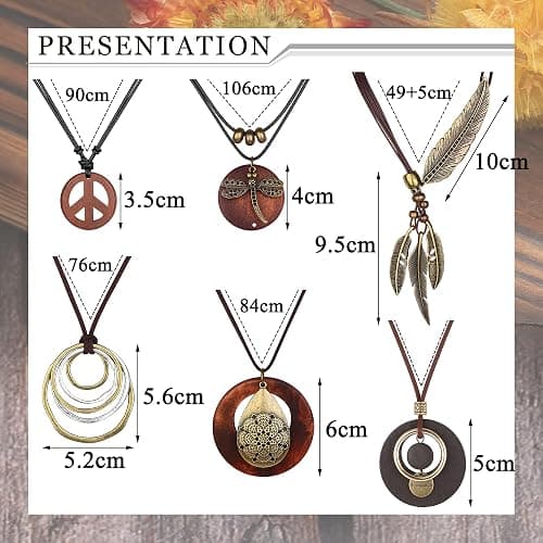 SAILIMUE 6Pcs Long Pendant Necklaces for Women Boho Vintage Wood Fall Sweater Necklaces Set Statement Feather Dragonfly Peace Sign Y Necklace Hippie Handmade Fashion Jewelry Accessories thumbnail 2