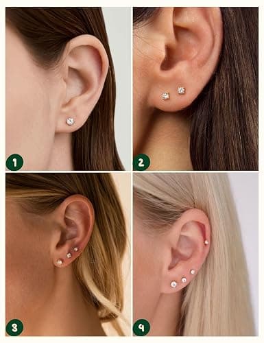 Kainier Women's 14K Gold Plated CZ Stud Earrings Simulated Diamond Round Cubic Zirconia Ear Stud Set（5 Pairs)… thumbnail 5