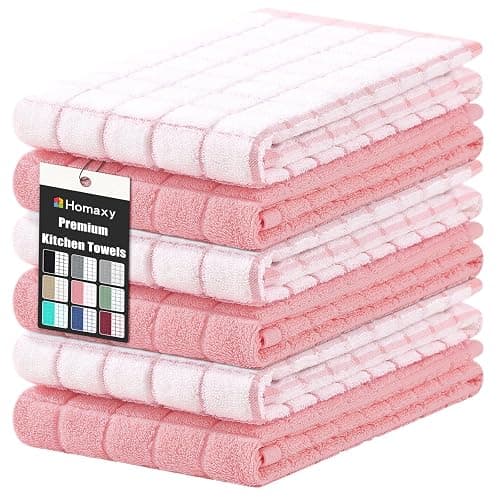 Homaxy Premium Cotton Kitchen Towels 16"x 28", Large Natural Ring Spun 390 GSM Dish Towels, Super Absorbent Terry Kitchen Hand Towels, Soft Tea Towels with Hanging Loop, Pink Check Design, 6 Pack - Image 1