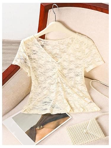 MakeMeChic Women's Floral Lace Sheer V Neck T Shirt Ruched Short Sleeve Going Out Crop Tops thumbnail 5
