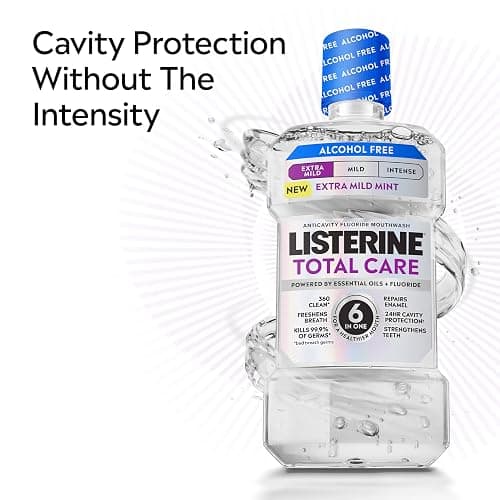 Listerine Total Care Alcohol-Free Anticavity Fluoride Mouthwash, 6 Benefit Oral Rinse to Help Kill 99.9% of Germs That Cause Bad Breath & Strengthen Enamel, Dye-Free, Extra Mild Mint Flavor, 1 L thumbnail 5