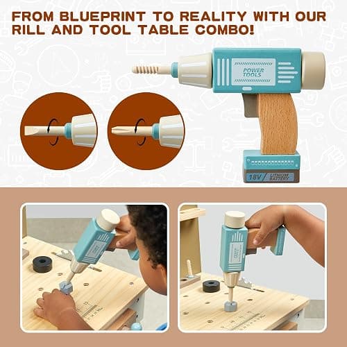Kids Tool Set,Wooden Tools Bench with Apron Toddler Toy Workbench with Realistic Tools Electric Drill STEM Construction Toy Gifts for Age 3-9 Boys Girls thumbnail 3