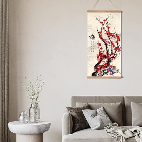 Plum Bossom Chrysanthemum Bamboo Orchid Painting ,Wall Art for Living Room Bedroom,Chinese Traditional Meticulous Painting,Posters and Printing,Fixed Wooden Hanging Scroll (Plum Blossom, 16”x32”) thumbnail 6