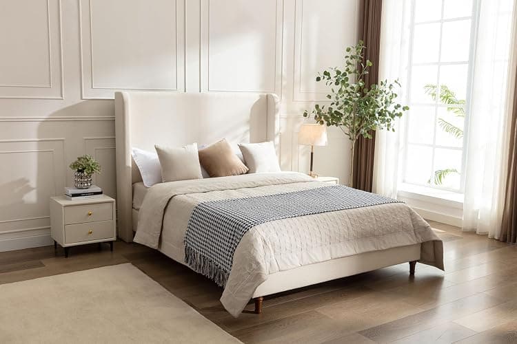NTYUNRR California King Size Upholstered Bed Frame, 54" Tall Headboard Wingback Platform Bed Frames, Elegant Simplicity/Strong Wood Slats Support/No Box Spring Needed/No Noise, Beige Boucle thumbnail 3
