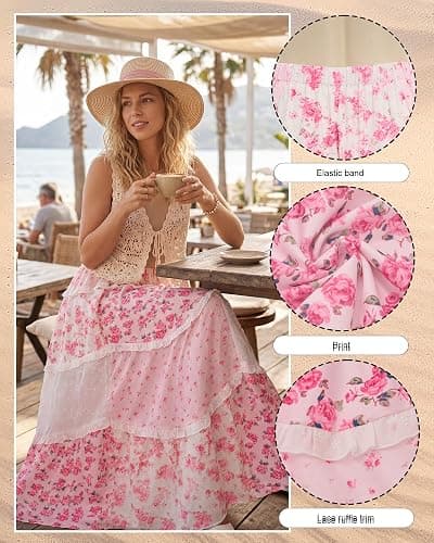Cutecrop Women Patchwork Floral Maxi Skirt 2026 Summer Boho Flowy Long Skirt Casual Vacation Elastic Waist Tiered Ruffle Lace thumbnail 8
