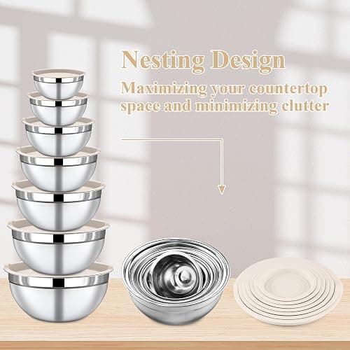 Funnydin 7 Piece Stainless Steel Mixing Bowls with Lids Set - Khaki Nesting Metal Mixing Bowls for Kitchen, Sizes 4.5, 4, 3.5, 2.1, 1.5, 1.1, 0.7 Qt for Baking, Cooking and Serving, Dishwasher Safe thumbnail 8