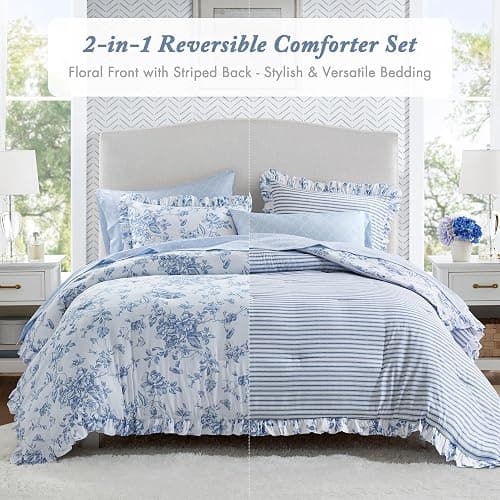 Madison Park Essentials Adele Blue Floral Full Size Comforter Set – Vintage Bed in a Bag with Sheets, Reversible Ruffle Bedding, Elegant Gift for Her thumbnail 3