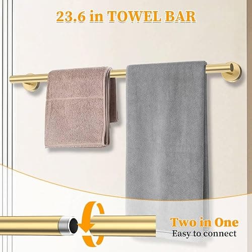 Brushed Gold Towel Bar Set 5 Pieces Round Bathroom Hardware Set Includes 23.6in Towel Bar Towel Ring Toilet Paper Holder Towel Hooks Stainless Steel Wall-Mounted Bathroom Towel Holder Set thumbnail 4