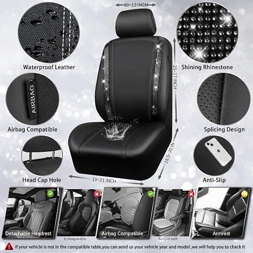 CAR PASS Leather Bling Diamond Car Seat Covers 2 Front Interior Sets, Waterproof Universal Shining Glitter Crystal Sparkle Fit for 95% Automotive Truck SUV Cute Women Girl, Black Rhinestone thumbnail 3