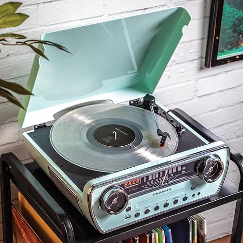 Crosley CR6047A-AB Powel 7-in-1 Bluetooth in/Out Vinyl Record Player with AM/FM Radio, CD Player, and Aux-in, Aqua Blue thumbnail 5