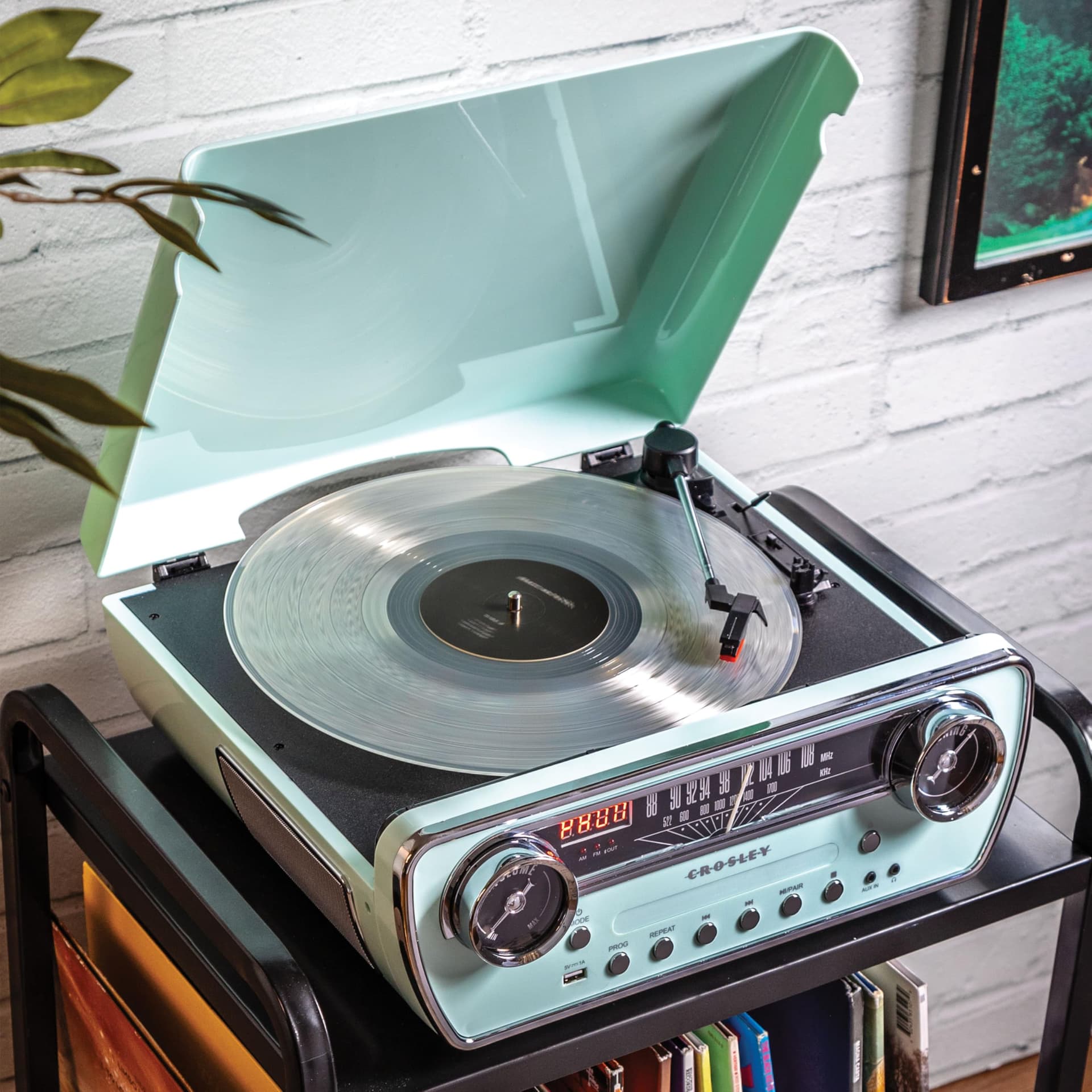 Crosley Powel 7-in-1 Record Player with Speakers & CD Player - Vintage Car Design Bluetooth Turntable Entertainment System with AM/FM Radio - Retro Aqua Style for Vinyl, Digital & Wireless Music thumbnail 6