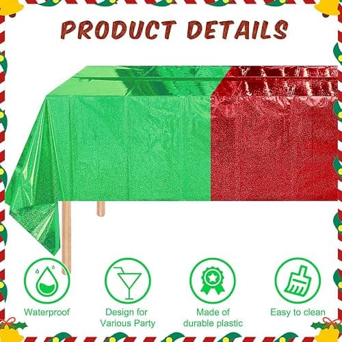 12 Pack Iridescent Red and Green Plastic Tablecloth 54x108 Inch, Holographic Laser Disposable Table Cover, Rectangle Red and Green Table Cloth for Christmas Holiday Birthday Party Decorations thumbnail 4