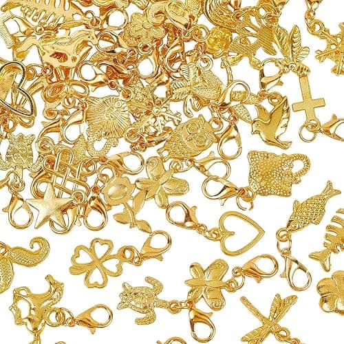 SUNNYCLUE 1 Box 60Pcs Gold Clip On Charms Lobster Clasp Charms Bulk Metal Alloy Golden Glossy Assorted Animals Flower Dangle Pendants for Jewelry Making Supplies DIY Crafts Bracelet Necklace Adults - Image 1