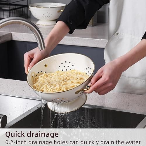 Metal Colander Set of 3, Strainer Basket with Handles perfect for Spaghetti, Pasta, Berry, Vegetable, Fruit, Solid Base Powder Coated Kitchen Essential Strainer Set, 1 & 3.5 & 5 Qt (Cream) thumbnail 2