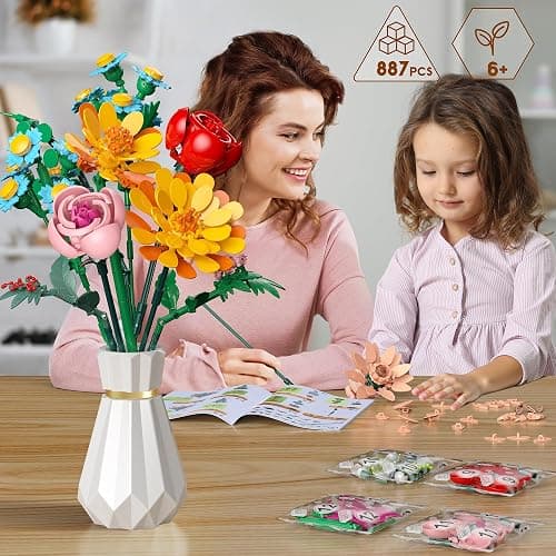 Anvure Flowers Bouquet Building Set, 887 Pcs with Flower Artificial Roses for Home Office Decoration, Gift for Mother's Day, Valentine's Day and Kids 6+/Adults Birthday thumbnail 2