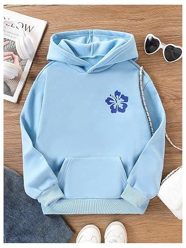 COZYEASE Girl's Floral Graphic Hoodie Long Sleeve Hooded Neck Sweatshirt Pullovers with Pocket thumbnail 2