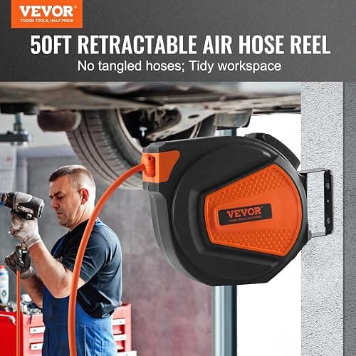 VEVOR Retractable Air Hose Reel, 3/8IN x 50FT Hybrid Air Hose Max 300PSI, Air Compressor Hose Reel with 5 ft Lead in, Ceiling/Wall Mount Enclosed Air Reel, 180° Swivel Mount thumbnail 4