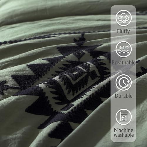 MaiRêve Olive Green Embroidery Comforters Set Queen Size - 7 Pieces, Farmhouse Western Bedding All Season Bed in A Bag Queen, Boho Comforter Set with Sheets, Pillowcases & Shams thumbnail 6