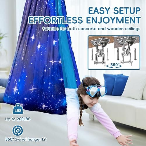 OUTREE Sensory Swing for Kids, Double Layer Therapy Hammock, Indoor Swing with 360° Swivel Hanger Kit and Adjustable Straps, Autism Sensory Product for Autism, ADHD (Blue Starry-Sky Printed) thumbnail 6