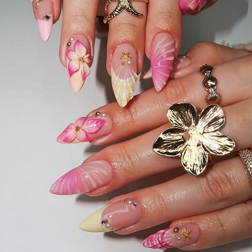 Quezadyl 24pcs Summer Press on Nails Medium Almond Plastic False Nails with 3D Flower, Metal Starfish Charms Designs Summer Beach Full Cover Acrylic Nails for Women - Image 1