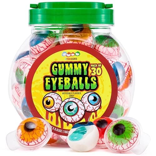 30 Gummy Eyeballs, Spooky Halloween Eyeball Candy in 4 Flavors, Soft Gummies with Jelly Filling, Individually Wrapped, By 4YoreElves (19 oz) - Image 1
