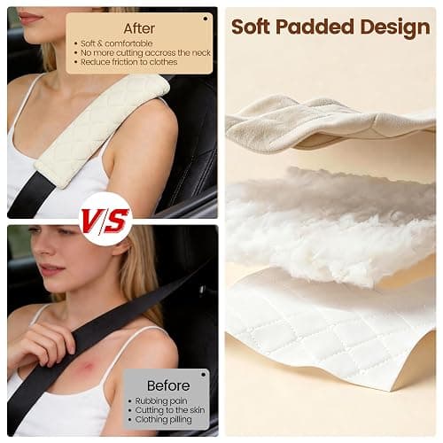 Amooca Soft Auto Seat Belt Cover Seatbelt Shoulder Pad Cushions 2 PCS for a More Comfortable Driving Universal Fit for All Cars and Backpack Off White thumbnail 2