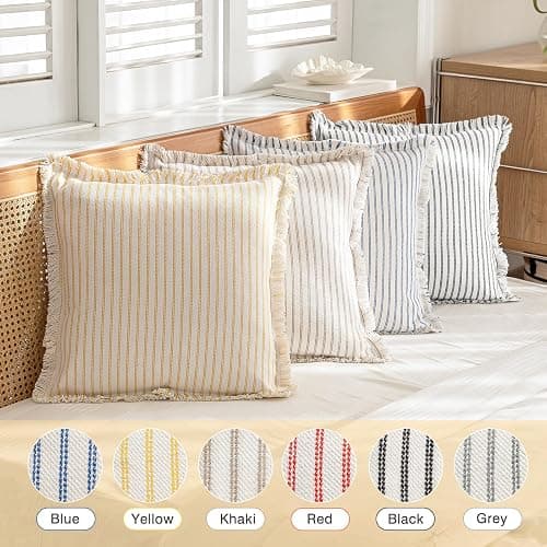 YEENAASY Striped Farmhouse Throw Pillow Covers 24X24 Set of 2 Boho Pillow Cover with Fringe Tassel Chic Cotton Decorative Pillows Modern Neutral Square Cushion Pillowcase for Sofa Couch Bed, Grey - Grey - 24" x 24" (Pack of 2) thumbnail 5