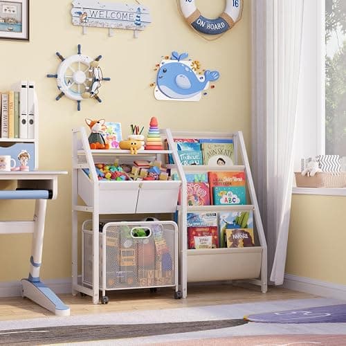LATIBELL Kids Bookshelf Toy Storage Organizer & 2 Bins，3 Tier White | Kids Bookcase Equipped With Movable Drawer And 2 Toy Bins, Storage Organizer For Bedroom, Playroom And Classroom thumbnail 3