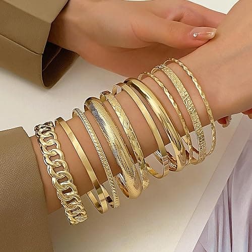 RINTOLER 16Pcs Gold Bangle Bracelets for Women - Multi Layer Stackable Textured Bracelets Boho Jewelrys Set. thumbnail 2