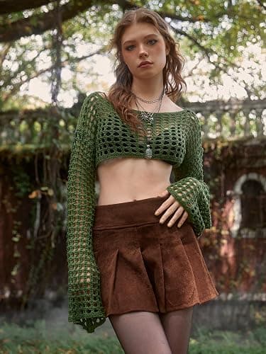 WDIRARA Women's Crochet Crop Tops Hollow Out Knit Shrugs | Y2k Long Bell Sleeve Crop Sweater thumbnail 2