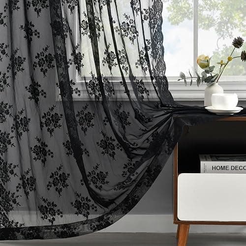 Kotile Short Black Lace Curtains for Small Windows W42 x L36 Inch, 2 Panels | Rod Pocket, Graceful Openwork Detail, Even Window Light, Vintage Gothic Mood, Tailored Short-Window Look, Privacy thumbnail 7