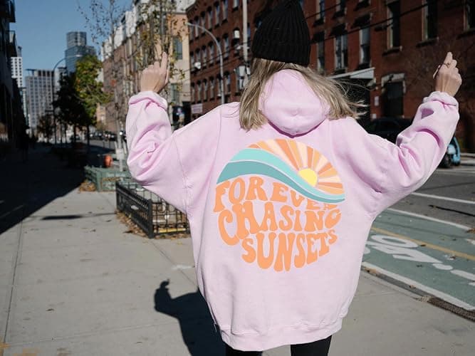 Forever Chasing Sunsets Hoodie Aesthetic Words On Back Cute Trendy Pullover Gifts thumbnail 5
