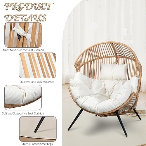 Shintenchi Wicker Egg Basket Chair, Outdoor Oversized Lounge Rattan Patio Chairs with Cushion, Egg Seat for Indoor Living Room Bedroom Outside Patio Backyard Balcony, Beige thumbnail 4