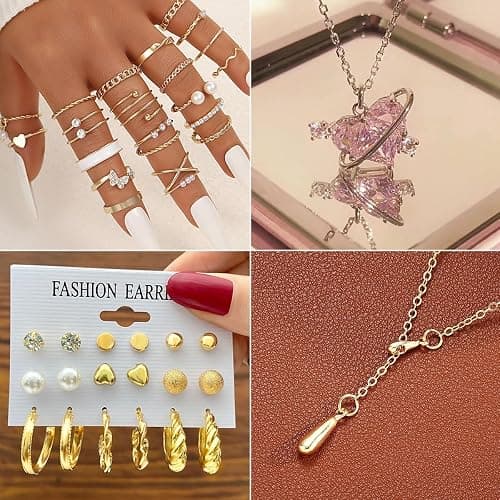 IFNODO 116Pieces Gold Plated Jewelry Set with 8 PCS Necklace, 22 PCS Bracelet, 66 PCS Stud Dangle Earring, 20 Pcs Knuckle Rings for Women Valentine Anniversary Friendship Gifts (GOLD SET) thumbnail 2