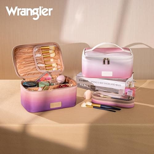 Montana West X Wrangler Travel Makeup Bag 2pcs Set Large Cosmetic Bag with Makeup Brush Holder Portable Make Up Organizer Cute Toiletry Bag with Divider and Handle for Women Gradient thumbnail 2