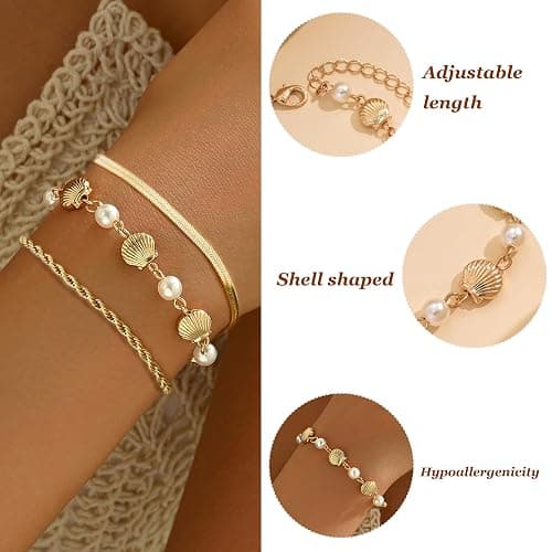 Gold Shell Bracelet Stack Dainty Gold Chain Bracelets Seashell Starfish Beaded Pearl Bracelet Boho Summer Beach Jewelry Trendy Stuff Gifts thumbnail 2