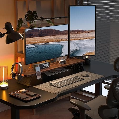 Fenge Dual Monitor Stand, Wooden Desk Shelf with Headphone & Phone Holder | 42.5" Monitor Riser with Storage Shelf, 2-Tier Monitor Shelf with Metal Leg for Home Office Organizer, Brown thumbnail 5