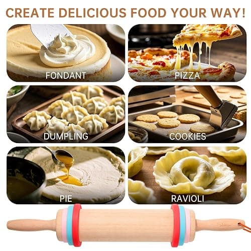 WitHlper Beechwood Rolling Pin Set with 6 Thickness Rings, Non-Slip Silicone Mat,Wood Stand – 17" Dough Roller for Baking, Pizza, Tortilla, Pastry – Wooden Rolling Pin Kit for Even Thickness thumbnail 7