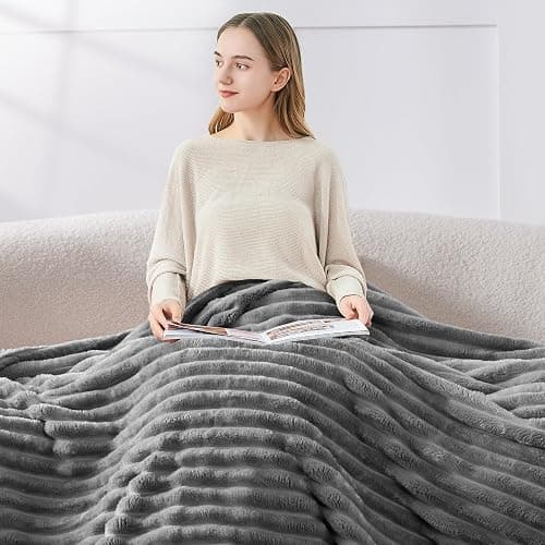 BEDELITE Fleece Throw Blanket for Couch - 300GSM Soft & Warm Fluffy Grey Blanket, Decorative and Giftable Striped Blankets for Women, Men, 50"x60" thumbnail 7