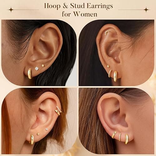 Turandoss Gold Stud Hoop Earrings for Women, Hypoallergenic 14K Gold Plated Small Huggie Hoop Earrings Flat Back Cartilage Earring Stacks Set for Multiple Piercing Gold Earrings for Women thumbnail 6