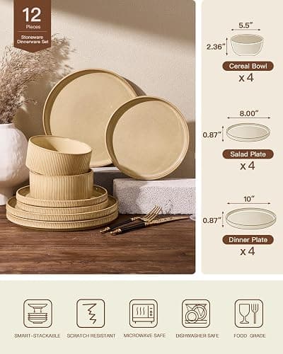 Stoneware Dinnerware Sets, Handcrafted Double Reactive Glaze Plates and Bowls for Everyday & Formal Dining, Microwave & Dishwasher Safe, Scratch Resistant Dishes Service for 4 (12-Piece), Cream thumbnail 8