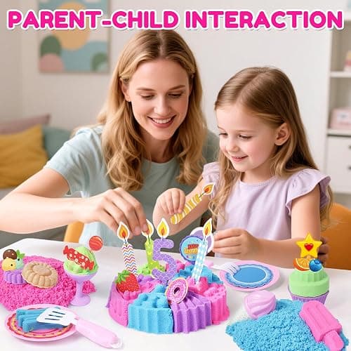 Billeeit Cake & Ice Cream Sensory Bin Sand Toy, Sand Kit Sensory Toys w/lid and 4 Color Moldable Sensory Play Sand 2.2lbs, Molds, Tools Set 43pcs Total for Toddlers, Fun Gifts for Kids Girls 3+ thumbnail 2