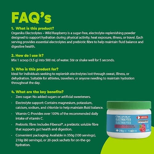 Organika Canadian-Made Electrolytes Powder- Wild Raspberry- Sugar-Free Hydration and Electrolyte Replenishment with Prebiotics and Vitamin C- 210g - 60 servings thumbnail 5