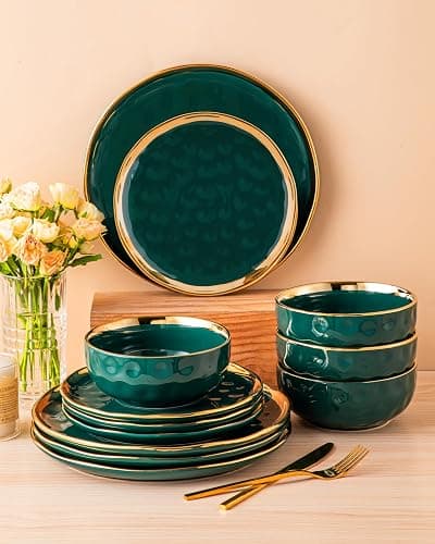 LOVECASA 12 Pieces Plates and Bowls Sets, Porcelain Green and Gold Dinnerware Sets, Round Dinner Plates Dishes Set Service for 4, Dishwasher Safe and Scratch Resistant, Green thumbnail 9