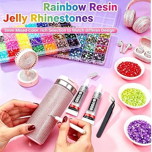 79000Pcs 56 Colors Rhinestones Bedazzling Kit, 3mm Flatback Resin Rhinestones with 3Pcs B7000 Glue Tools All Stored in One Box, Bedazzler Kit with Rhinestones and Tools for DIY Arts Crafts Gifts thumbnail 3