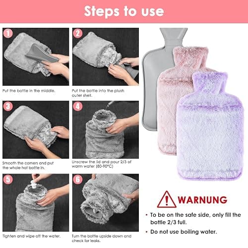 BOLEi Hot Water Bottle with Luxury Cosy Faux Fur Cover,2L Leakproof Large Hot Water Bag for Neck,Shoulder,Hand Feet Warmer,Gifts for Women,Men(Pink) thumbnail 7