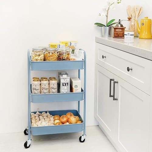 CAXXA 3-Tier Rolling Metal Storage Organizer - Mobile Utility Cart with Caster Wheels, Blue thumbnail 2