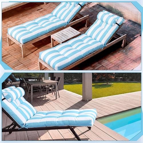 Wenqik Set of 2 Outdoor Chaise Lounge Cushions 76 x 22 x 6 Inch Waterproof Patio Furniture Chaise Cushion with Headrest Pillow Thick Tufted Lounge Pad for Lawn Pool Hotel(Sky Blue White Stripes) thumbnail 6