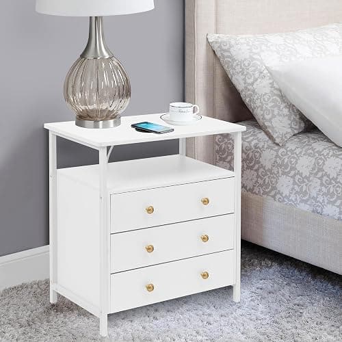 Edbuosy 3 Wooden Drawers Night Stand, 27 Inch Wide Nightstand with Charging Station and Adjustable Drawers, Small Dresser for Closet, Bedside Table for Living Room/Bedroom/Office, White. thumbnail 2